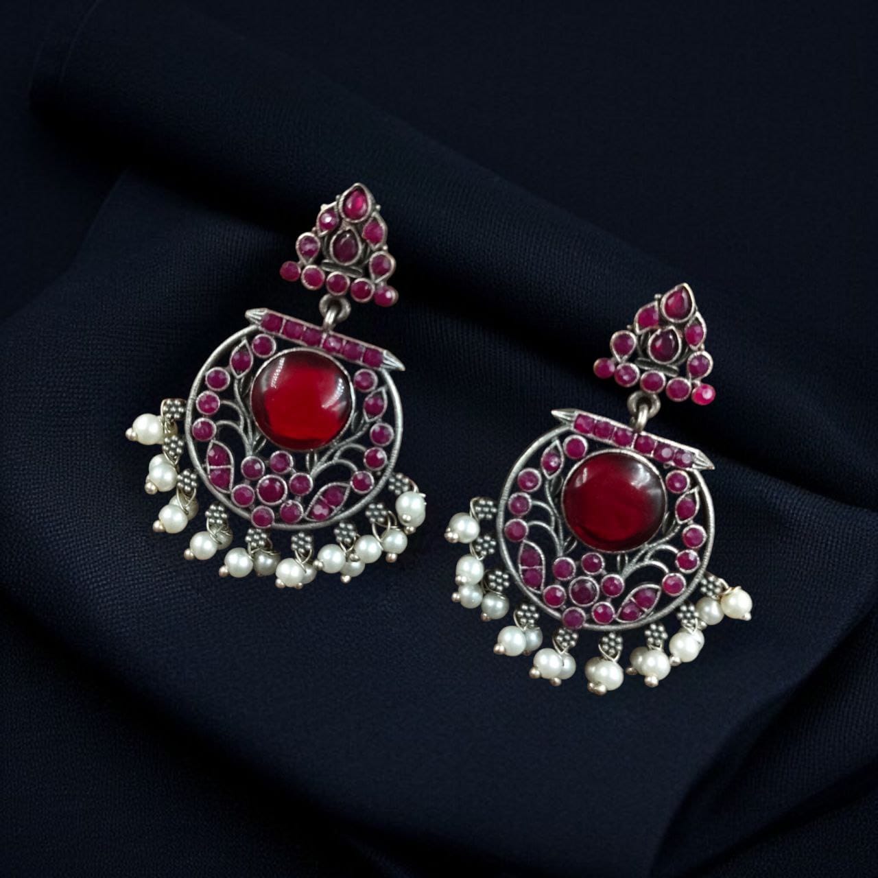 Designer Floral Earrings | Unique Dangler Silver Replica Stud With Stone Detailing - Image 6