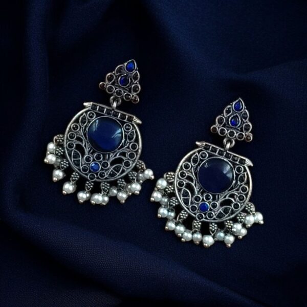 Designer Floral Earrings | Unique Dangler Silver Replica Stud With Stone Detailing - "Blue"