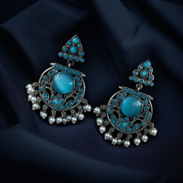 Designer Floral Earrings | Unique Dangler Silver Replica Stud With Stone Detailing - "Aqua"