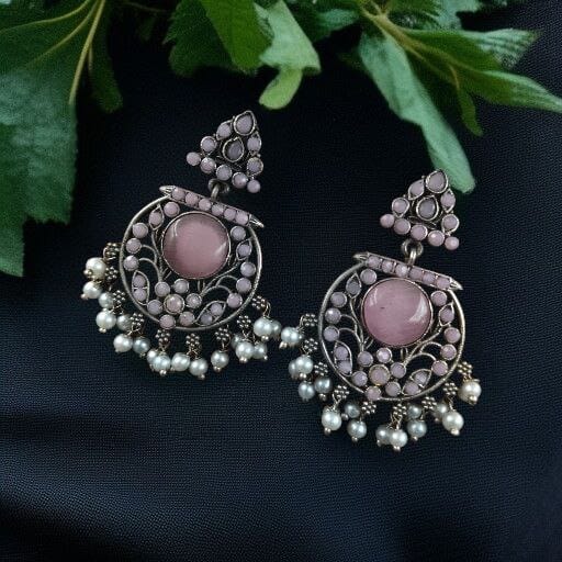 Designer Floral Earrings | Unique Dangler Silver Replica Stud With Stone Detailing - Image 2