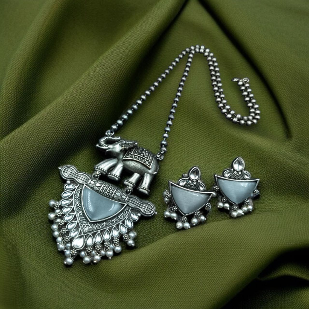 Traditional Oxidised Elephant Necklace Set with Best Monalisa Stone & Pearl Beads - Image 7