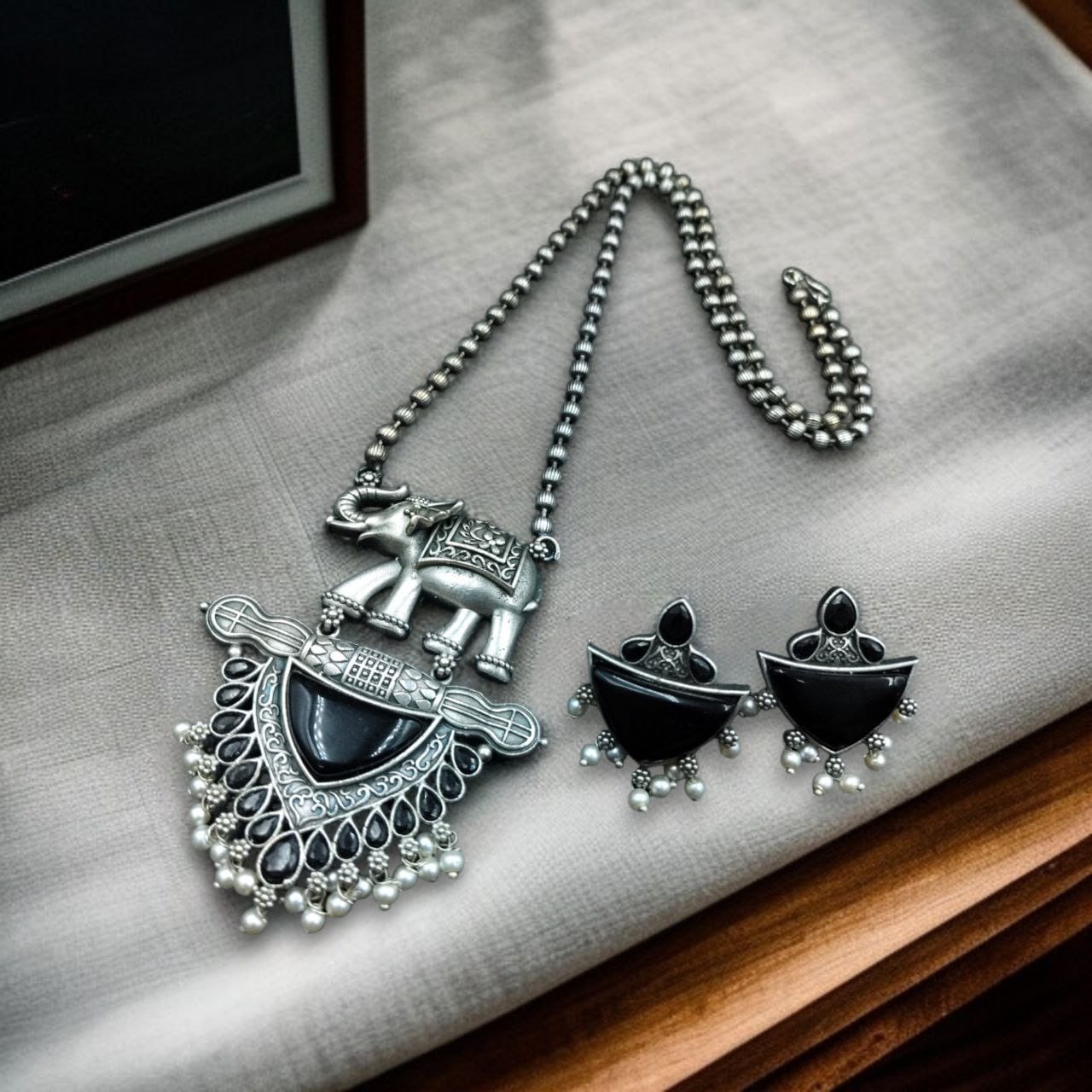 Traditional Oxidised Elephant Necklace Set with Best Monalisa Stone & Pearl Beads - Image 10