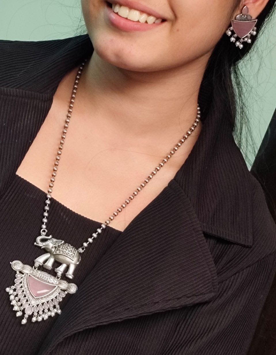 Traditional Oxidised Elephant Necklace Set with Best Monalisa Stone & Pearl Beads