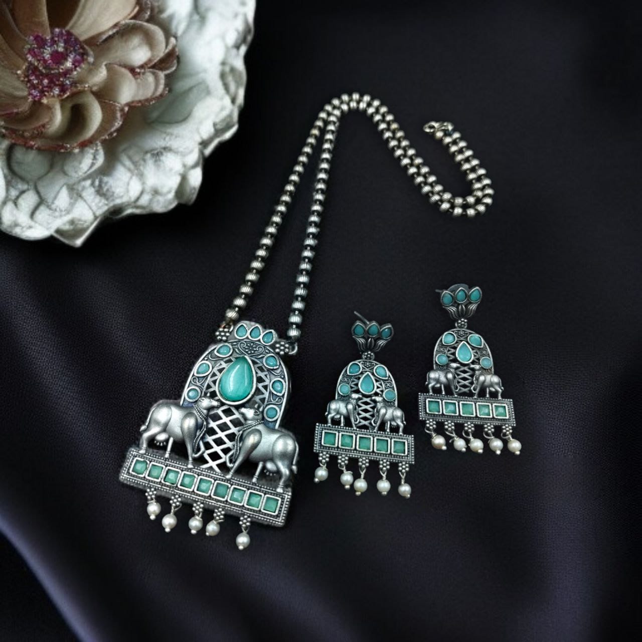Silver Oxidized Nandi Pendant Necklace with Stone & Amazing Pearl work - Image 9