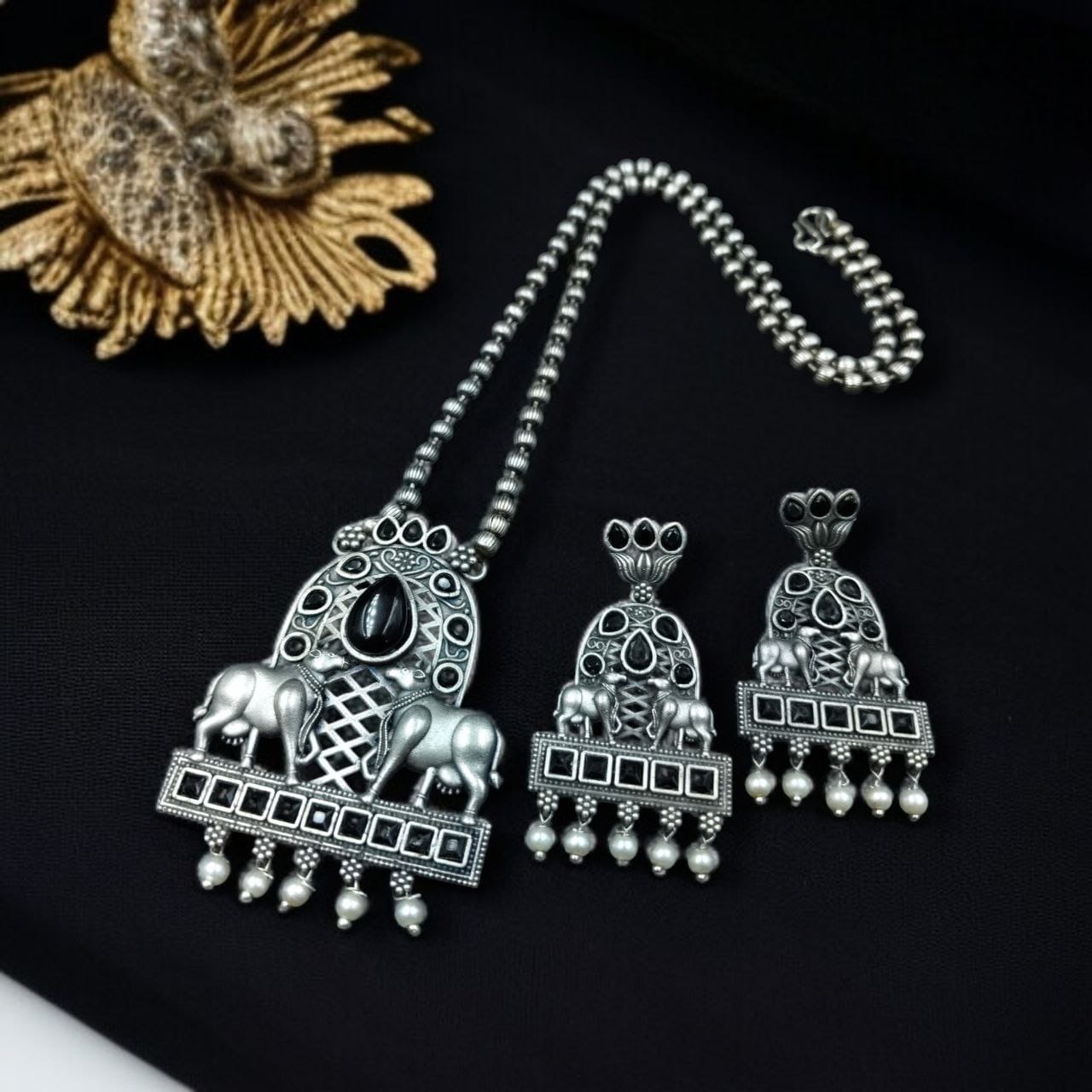 Silver Oxidized Nandi Pendant Necklace with Stone & Amazing Pearl work - Image 8