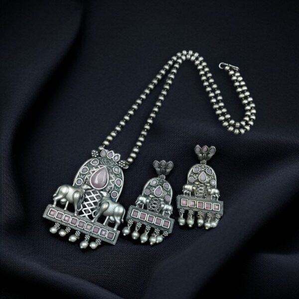 Silver Oxidized Nandi Pendant Necklace with Stone & Amazing Pearl work - "Baby Pink"