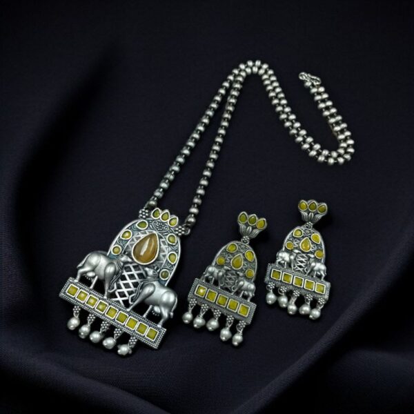 Silver Oxidized Nandi Pendant Necklace with Stone & Amazing Pearl work - "Yellow"