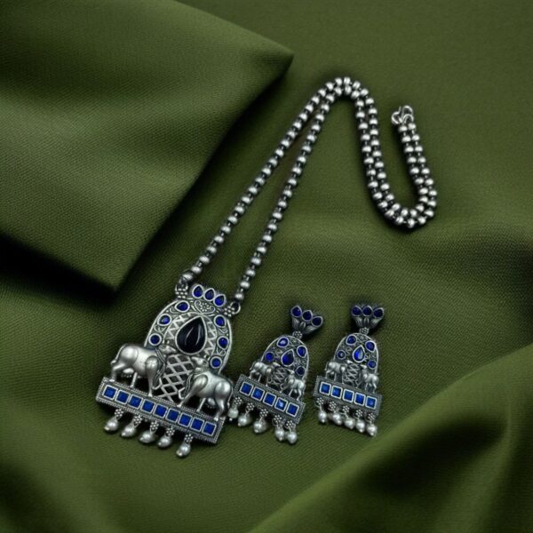 Silver Oxidized Nandi Pendant Necklace with Stone & Amazing Pearl work - "Blue"