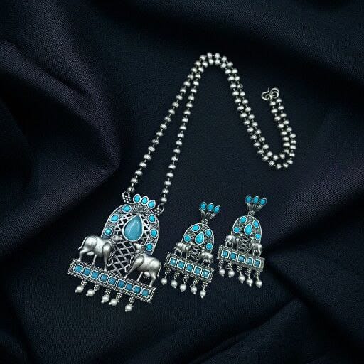 Silver Oxidized Nandi Pendant Necklace with Stone & Amazing Pearl work - "Aqua"