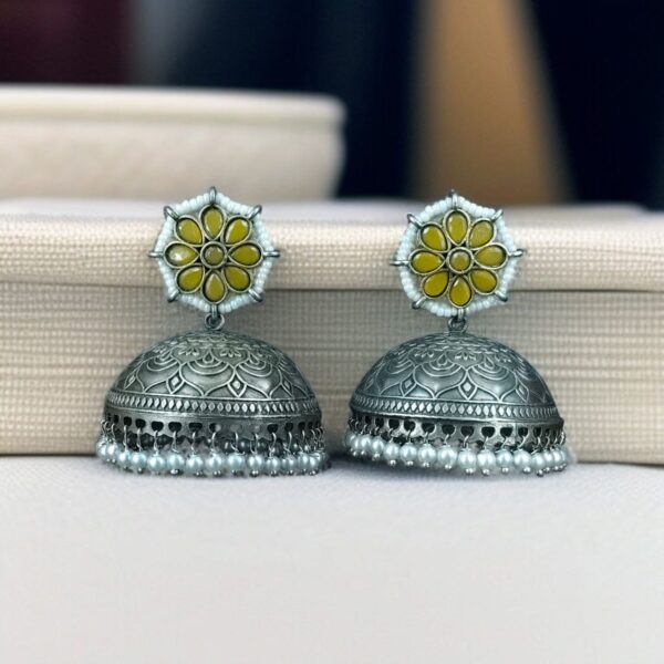 Antique Silver Big Jhumka Earrings with Pearls & Floral Design - "Yellow"