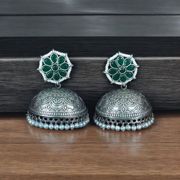 Antique Silver Big Jhumka Earrings with Pearls & Floral Design - "Green"