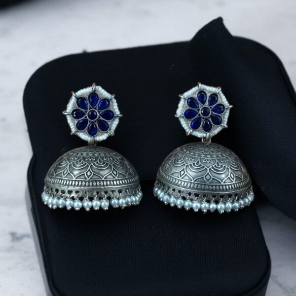 Antique Silver Big Jhumka Earrings with Pearls & Floral Design - "Blue"