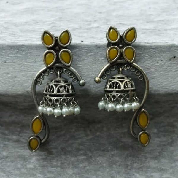 Unique Oxidised Jhumki Earring | Silver Look aLike Jhumka - "Yellow"