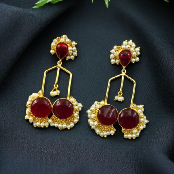 Gold Plated Beautiful Monalisa Stone Pearl Dangler Earrings ? Traditional Party Wear Jewelry - "Red"