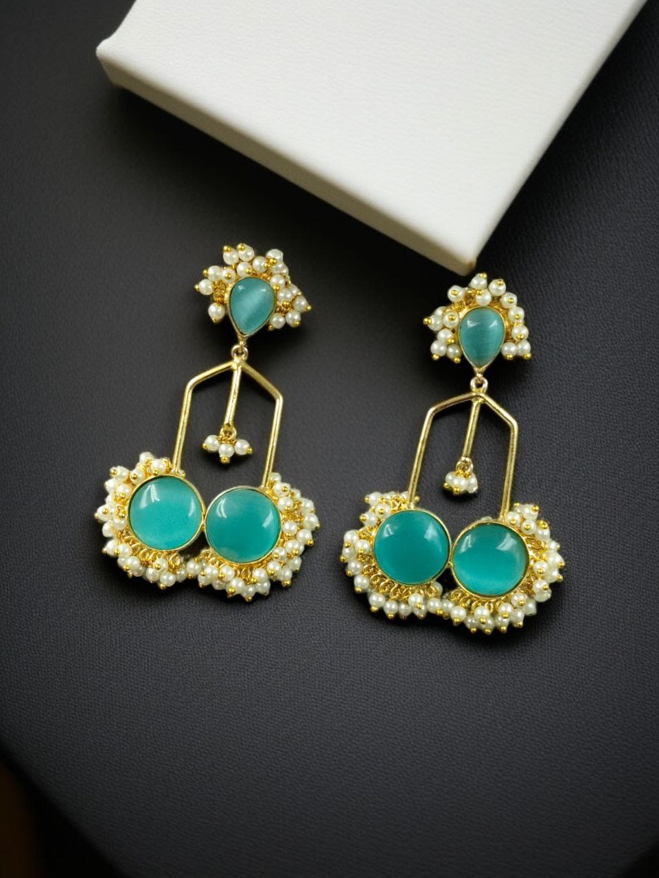 Gold Plated Beautiful Monalisa Stone Pearl Dangler Earrings ? Traditional Party Wear Jewelry - Image 5