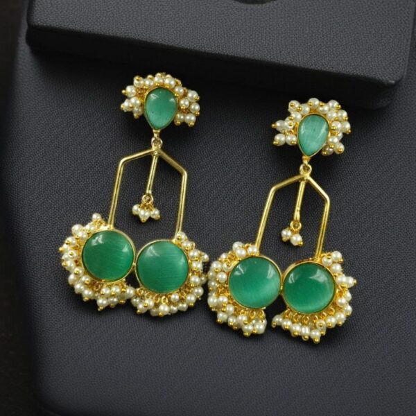 Gold Plated Beautiful Monalisa Stone Pearl Dangler Earrings ? Traditional Party Wear Jewelry - "Mint"