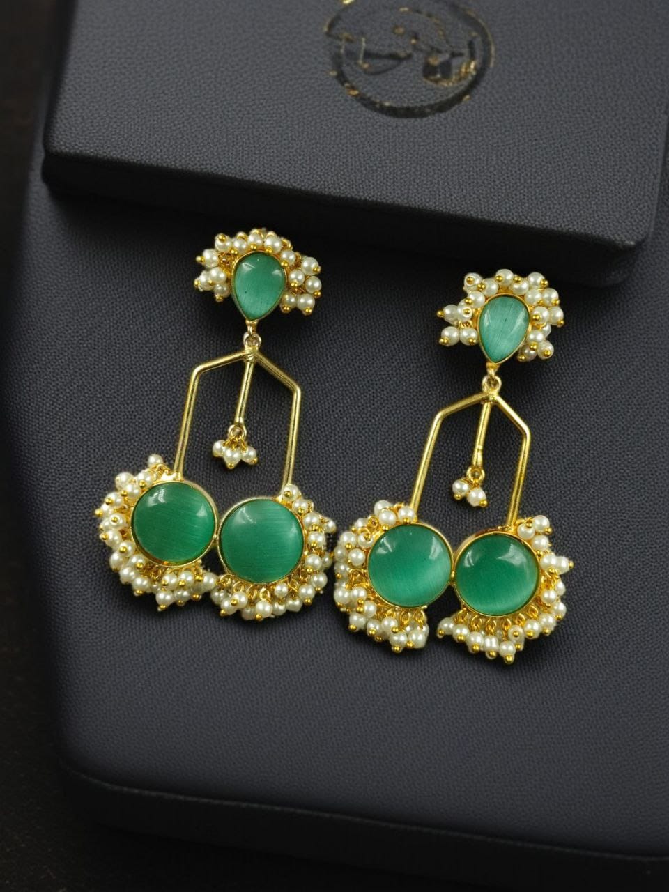 Gold Plated Beautiful Monalisa Stone Pearl Dangler Earrings ? Traditional Party Wear Jewelry - Image 4