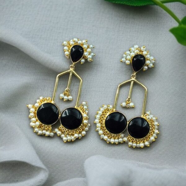 Gold Plated Beautiful Monalisa Stone Pearl Dangler Earrings ? Traditional Party Wear Jewelry - "Black"