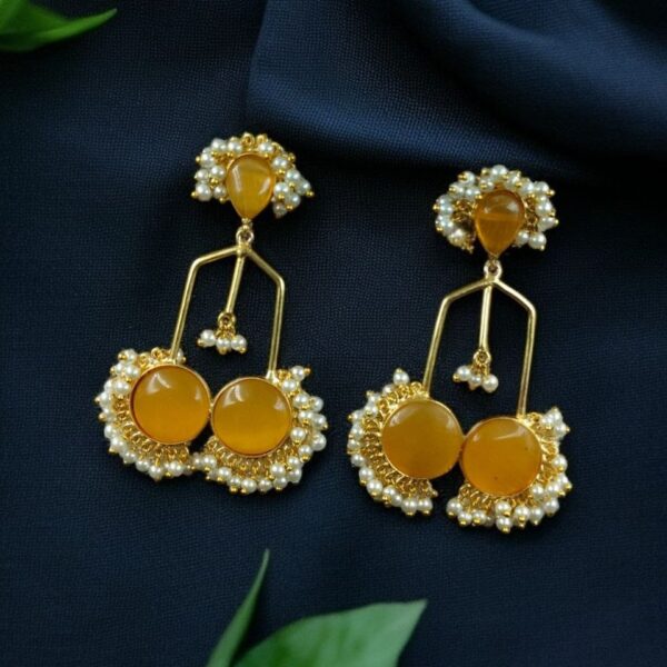Gold Plated Beautiful Monalisa Stone Pearl Dangler Earrings ? Traditional Party Wear Jewelry - "Yellow"