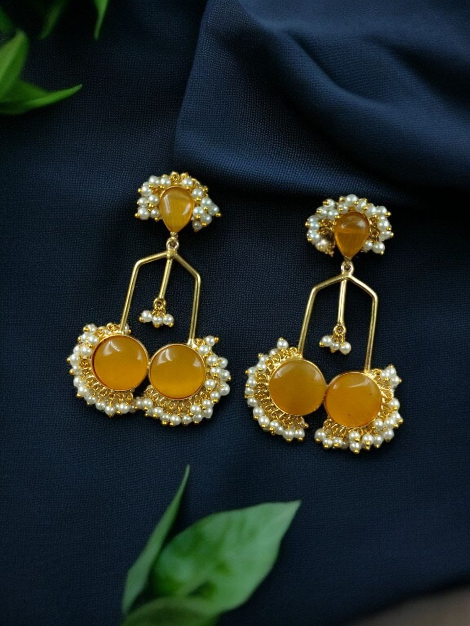 Gold Plated Beautiful Monalisa Stone Pearl Dangler Earrings ? Traditional Party Wear Jewelry - Image 2