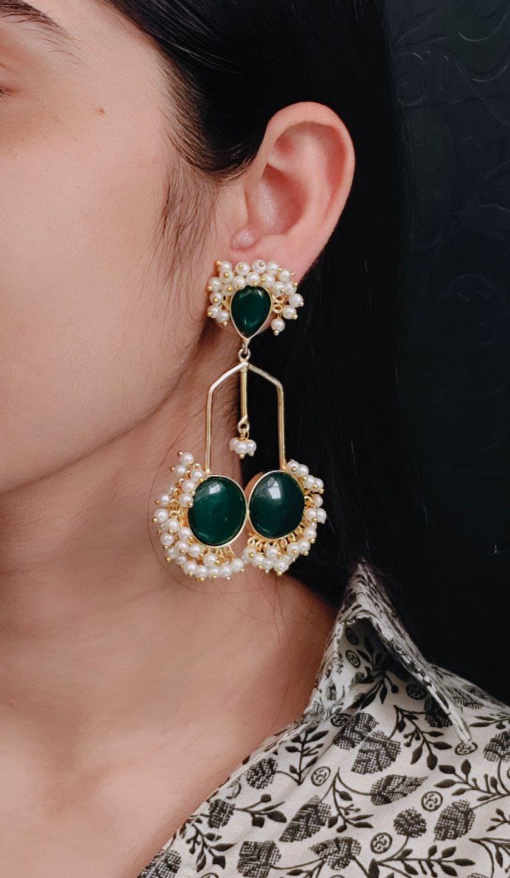 Gold Plated Beautiful Monalisa Stone Pearl Dangler Earrings ? Traditional Party Wear Jewelry
