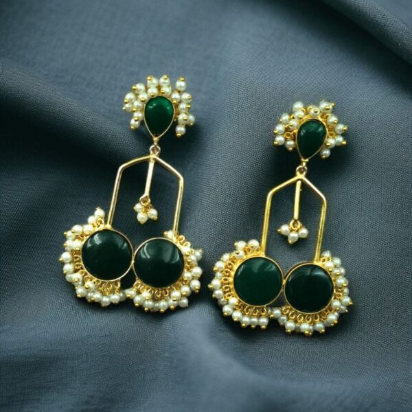 Gold Plated Beautiful Monalisa Stone Pearl Dangler Earrings ? Traditional Party Wear Jewelry - "Green"