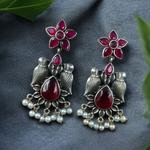 Graceful Monalisa Stone Bird Dangler Earrings ? Ethnic & Daily Wear Jewelry - "Red"