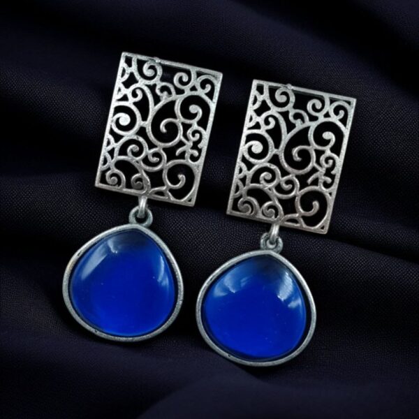 Handcrafted Floral Art Earrings | Amazing Monalisa Stone Dangler Oxidized Jewelry - "Blue"