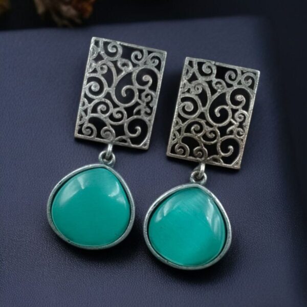 Handcrafted Floral Art Earrings | Amazing Monalisa Stone Dangler Oxidized Jewelry - "Mint"