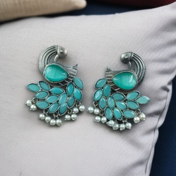 Oxidized Peacock Earrings with Monalisa Stone and Pearl ? Best Traditional Ethnic Jewelry - "Mint"