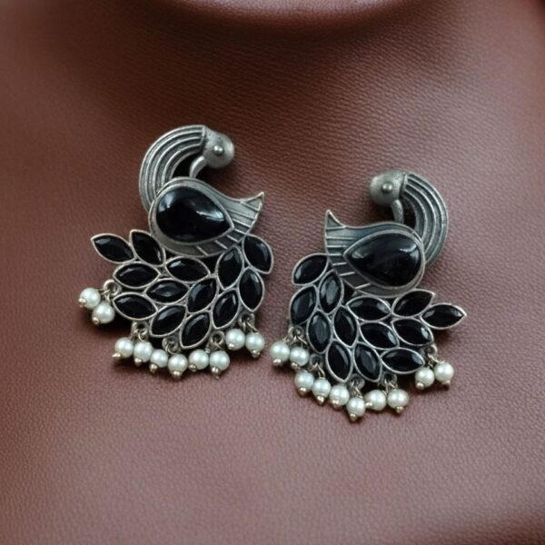 Oxidized Peacock Earrings with Monalisa Stone and Pearl ? Best Traditional Ethnic Jewelry - "Black"