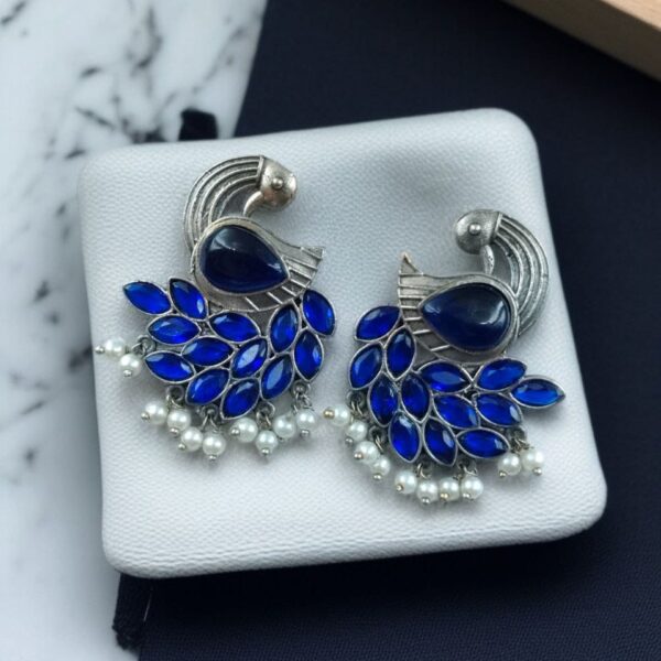 Oxidized Peacock Earrings with Monalisa Stone and Pearl ? Best Traditional Ethnic Jewelry - "Blue"