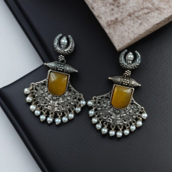 Silver Replica Oxidized Half Moon Dangler Earrings with Unique Pearl & Floral Art - "Yellow"