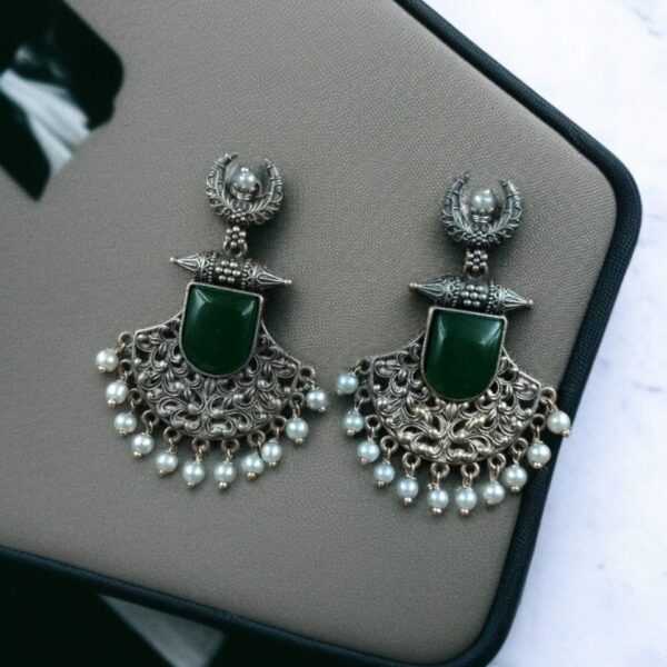 Silver Replica Oxidized Half Moon Dangler Earrings with Unique Pearl & Floral Art - "Green"