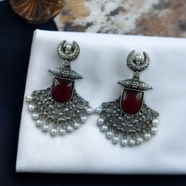 Silver Replica Oxidized Half Moon Dangler Earrings with Unique Pearl & Floral Art - "Red"