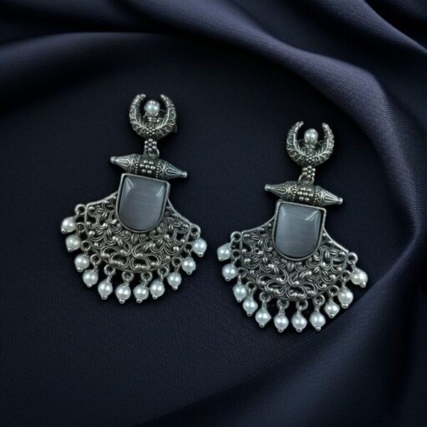 Silver Replica Oxidized Half Moon Dangler Earrings with Unique Pearl & Floral Art - "Grey"