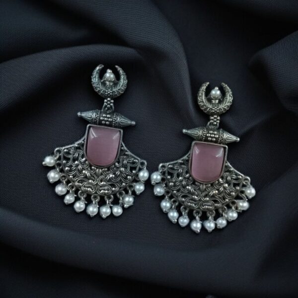 Silver Replica Oxidized Half Moon Dangler Earrings with Unique Pearl & Floral Art - "Baby Pink"
