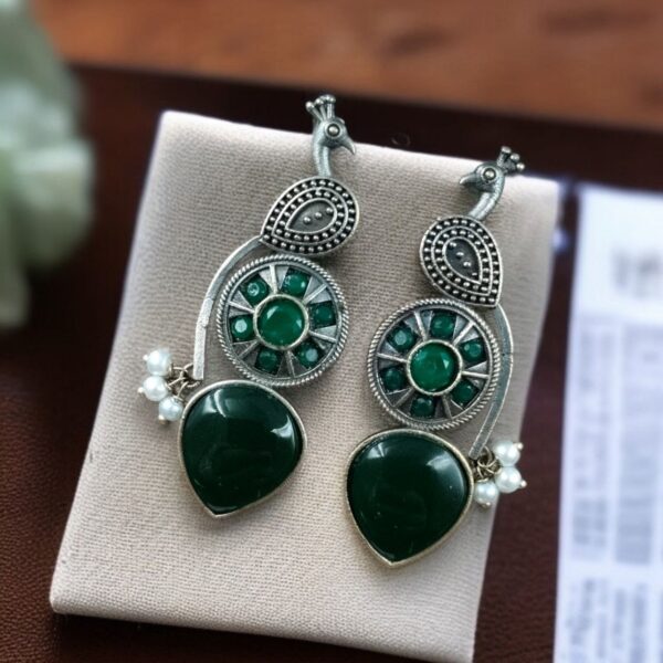 Traditional Unique Peacock Design Earrings in Oxidized Silver with Monalisa Stone and Pearl - "Green"
