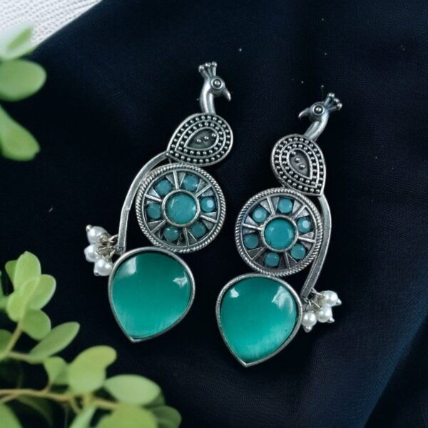 Traditional Unique Peacock Design Earrings in Oxidized Silver with Monalisa Stone and Pearl - "Mint"