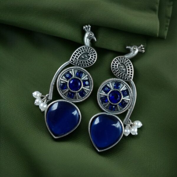 Traditional Unique Peacock Design Earrings in Oxidized Silver with Monalisa Stone and Pearl - "Blue"