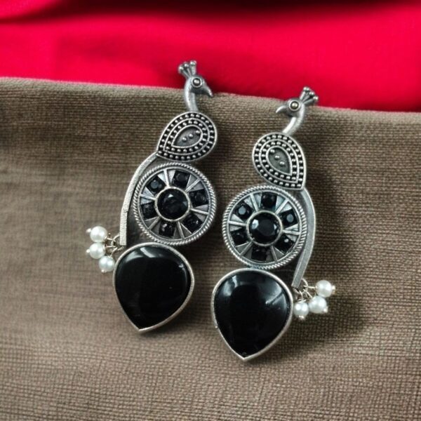Traditional Unique Peacock Design Earrings in Oxidized Silver with Monalisa Stone and Pearl - "Black"