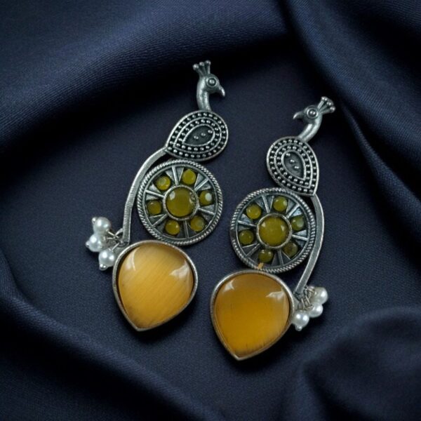 Traditional Unique Peacock Design Earrings in Oxidized Silver with Monalisa Stone and Pearl - "Yellow"