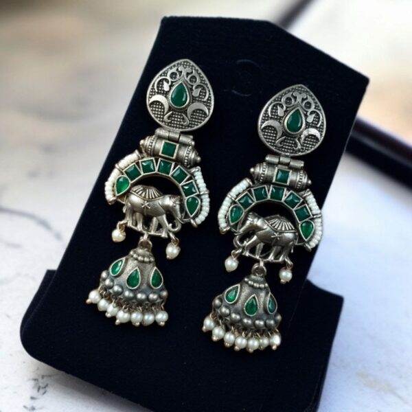 Antique Finish Oxidized Unique Elephant Jhumki Earrings with Elegant Pearl Detailing - "Green"