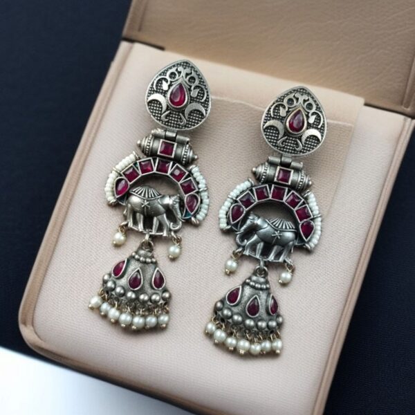Antique Finish Oxidized Unique Elephant Jhumki Earrings with Elegant Pearl Detailing - "Red"