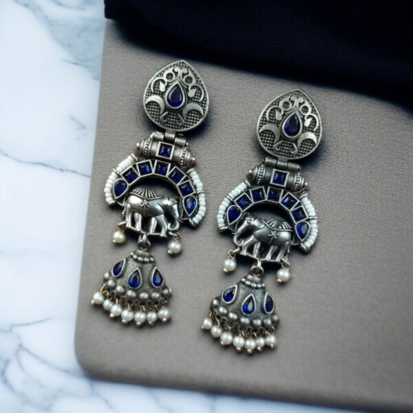 Antique Finish Oxidized Unique Elephant Jhumki Earrings with Elegant Pearl Detailing - "Blue"