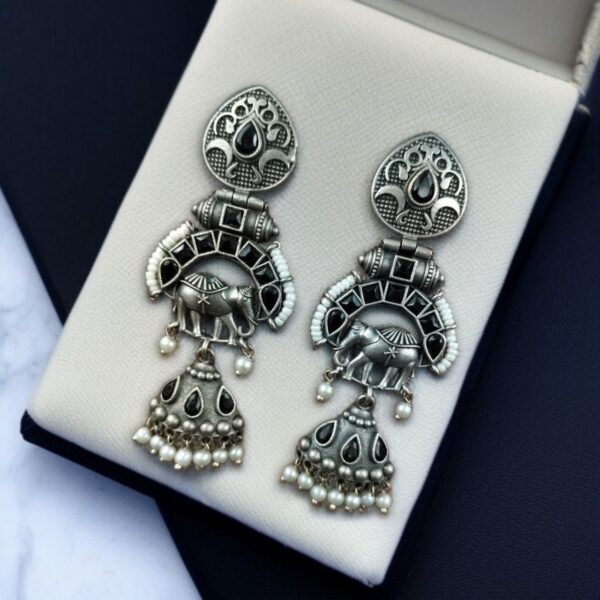 Antique Finish Oxidized Unique Elephant Jhumki Earrings with Elegant Pearl Detailing - "Black"