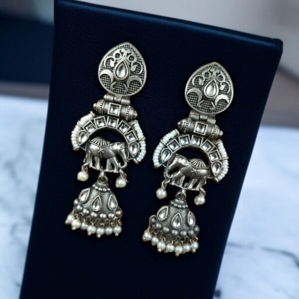 Antique Finish Oxidized Unique Elephant Jhumki Earrings with Elegant Pearl Detailing - "White"