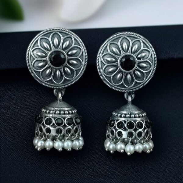 Oxidized Silver Replica Beautiful Jhumki Earrings with Stone & Pearl Detailing For Office Wear - "Black"