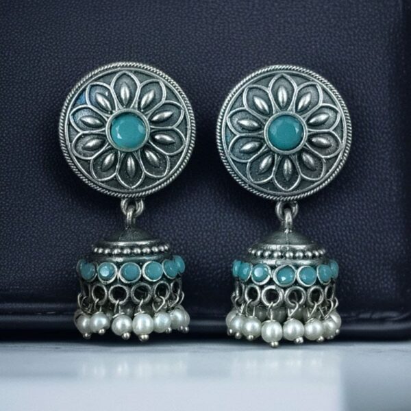 Oxidized Silver Replica Beautiful Jhumki Earrings with Stone & Pearl Detailing For Office Wear - "Mint"