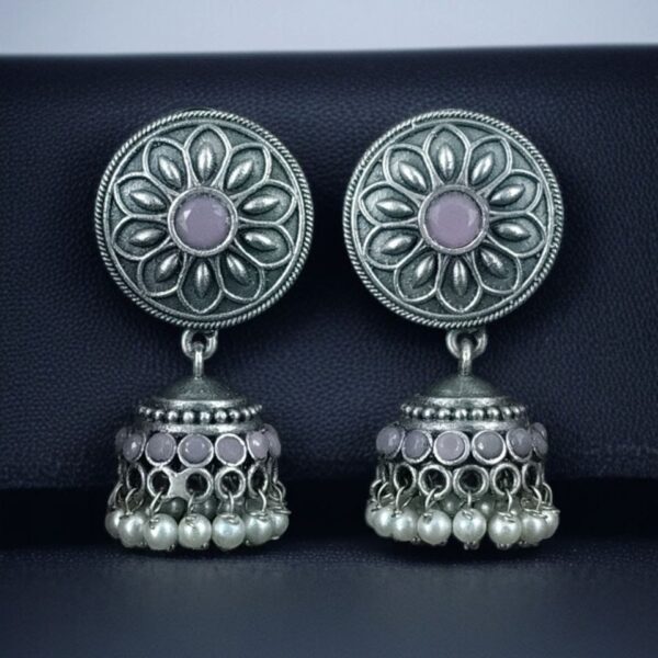 Oxidized Silver Replica Beautiful Jhumki Earrings with Stone & Pearl Detailing For Office Wear - "Baby Pink"